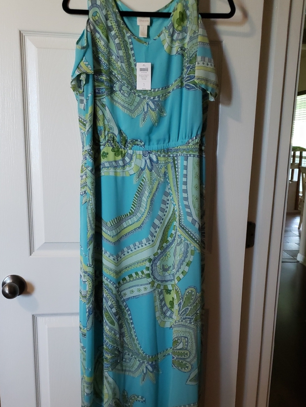 Chico's Turquoise and Green Cold Shoulder  Paisley Maxi Dress Size 1 Petite NWT